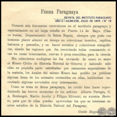 FAUNA PARAGUAYA - GUIDO BOGGIANI - Ao 1899